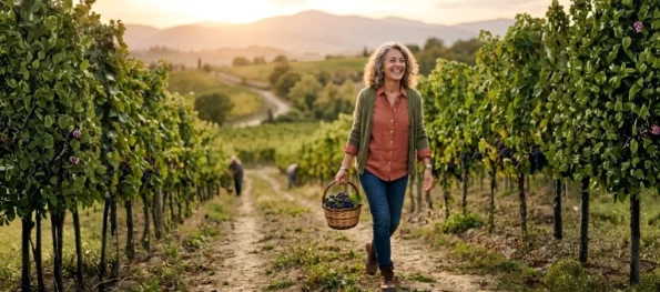 Mujer madura sonriente caminando en un viñedo con una cesta de uvas moradas frescas durante el atardecer, representando la vitalidad y los beneficios del resveratrol.