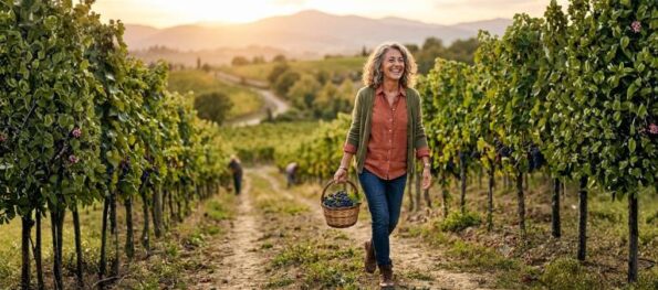 Mujer madura sonriente caminando en un viñedo con una cesta de uvas moradas frescas durante el atardecer, representando la vitalidad y los beneficios del resveratrol.