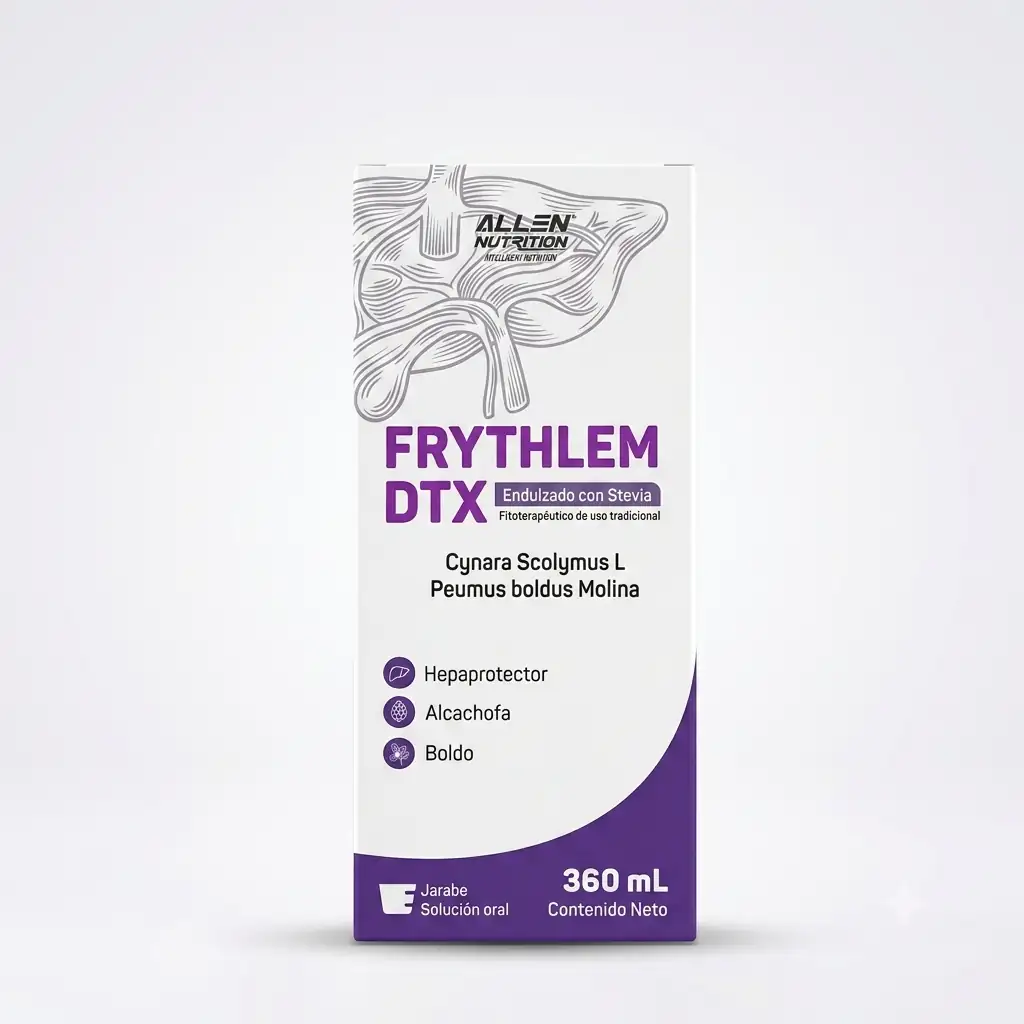FRYTHLEM DTX JARABE 360 ML ALLEN NUTRITION Caja de Frythlem DTX jarabe solucion oral 360 mL con alcachofa y boldo