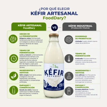 Infografia comparativa entre kefir artesanal FoodDary de bulgaros y kefir industrial masivo