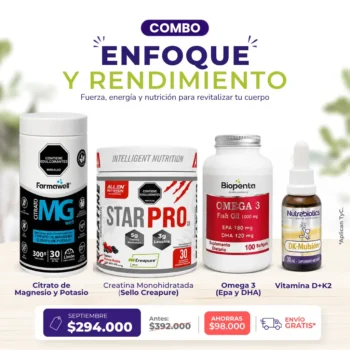 Combo Enfoque y Rendimiento con Citrato de Magnesio y Potasio, Creatina Star Pro, Omega 3 y DK Mulsion Vitamina D3 y K2