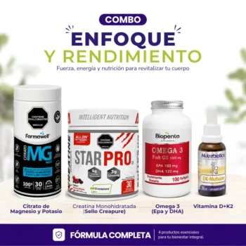 Combo Enfoque y Rendimiento con Citrato de Magnesio y Potasio, Creatina Star Pro, Omega 3 y DK Mulsion Vitamina D3 y K2