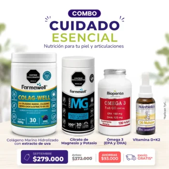 Combo Cuidado Esencial con Colageno Marino Colag-Well, Magnesio y Potasio, Omega 3 y Vitamina D3K2 en gotas