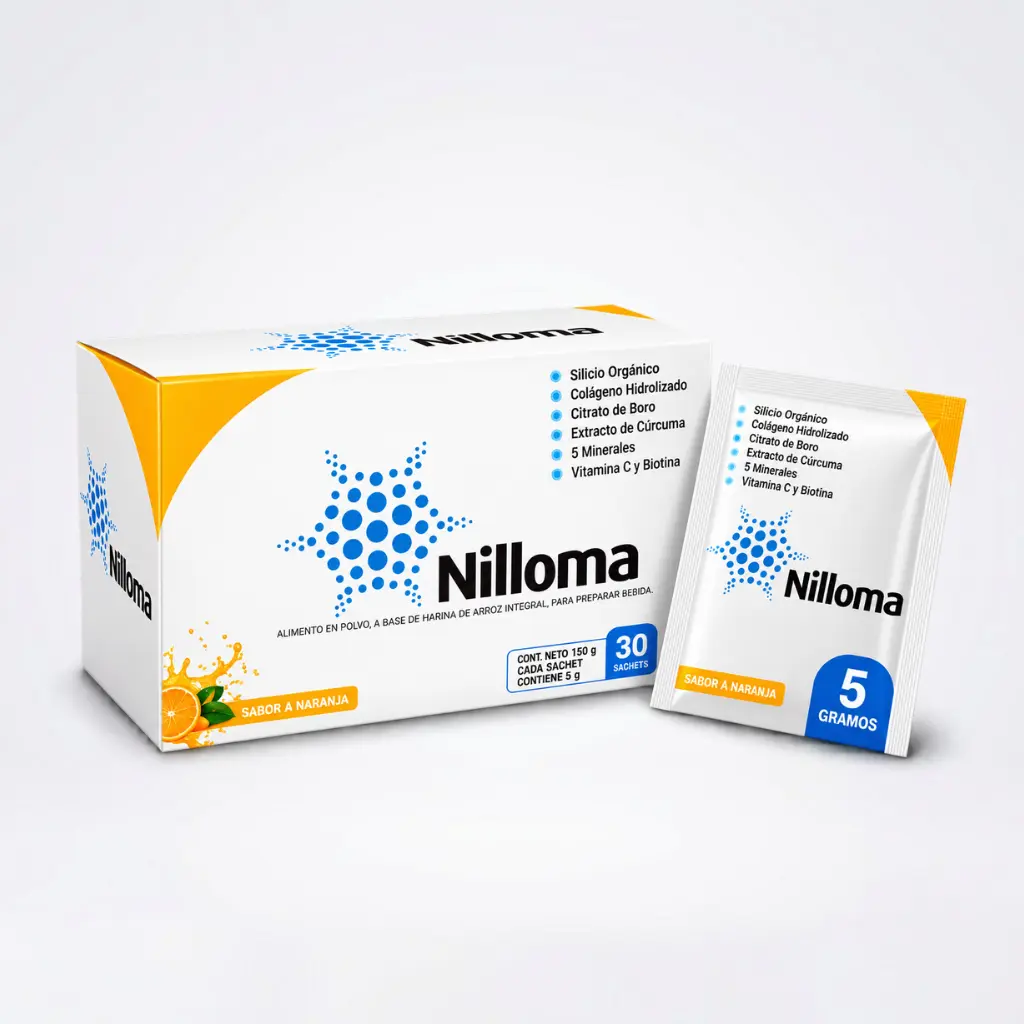 Nilloma silicio orgánico caja x 30 sobres sabor naranja Caja de Nilloma, alimento en polvo con silicio orgánico, colágeno hidrolizado y cúrcuma, 30 sobres